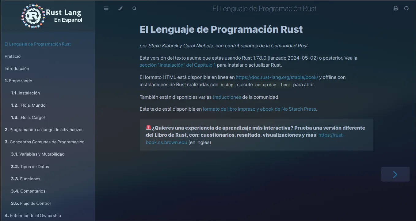 Captura del libro de rust en español